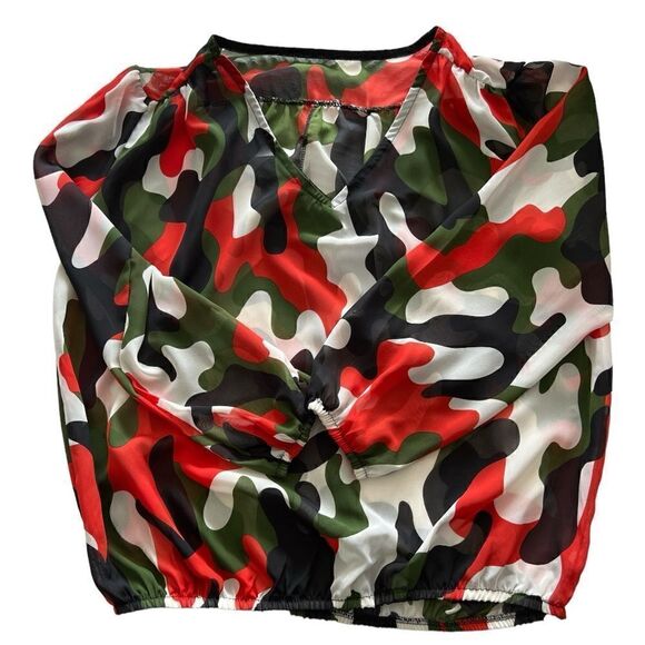 Camouflage Pattern Women Mesh Shirt, Long Sleeve Top, See Through Shirt Size M - Picture 5 of 6